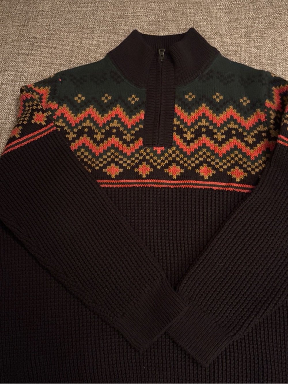 L.L. Bean Black Zip-Up Sweater with Red, Green & Gold Fair Isle Yoke